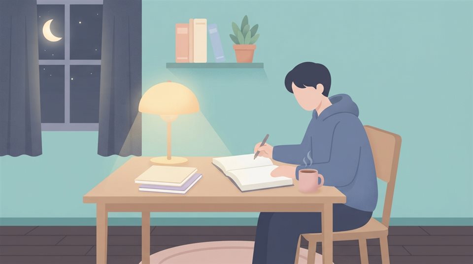 Minimal flat illustration of a student studying late at night under a desk lamp, centered subject with a simple uncluttered composition, soft pastel colors, bright and cozy, 16:9 aspect ratio