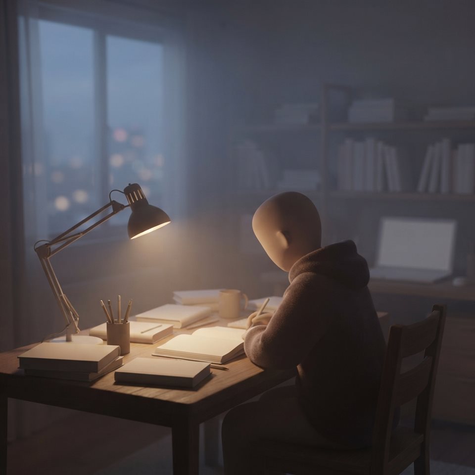 Soft 3D render of a student studying late at night under a desk lamp, wide shot with open space at the top for text, misty morning haze, dreamy, 1:1 aspect ratio