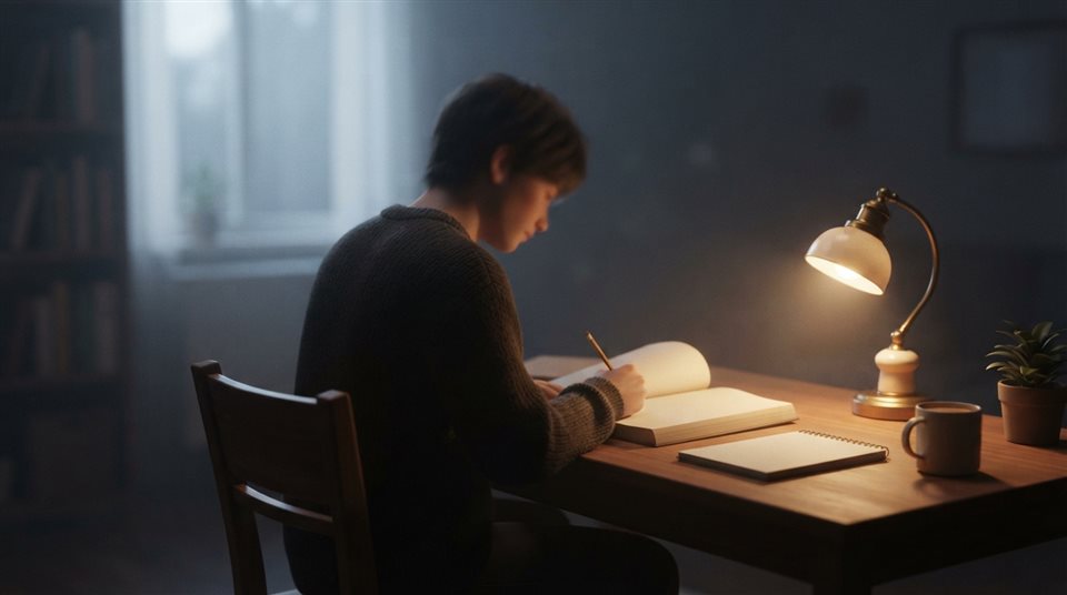 Soft 3D render of a student studying late at night under a desk lamp, centered subject with a simple uncluttered composition, misty morning haze, dreamy, 16:9 aspect ratio