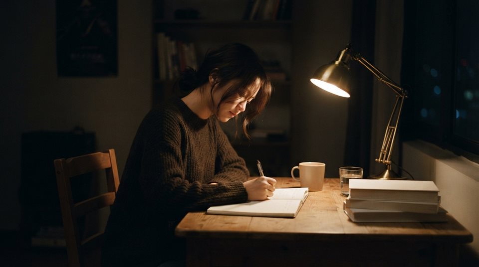 밤늦게 스탠드 아래에서 공부하는 수험생, 사실적인 사진, 단순하고 깔끔한 구도 가운데 놓인 피사체, 따뜻한 황금빛, 차분한 분위기, 16:9 비율