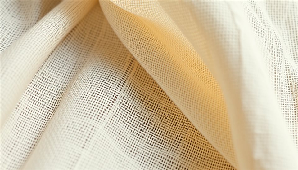 Cinematic film still of A close-up view of soft natural linen fabric showing its fine woven texture and neutral color, close-up detail with shallow depth of field, vivid colors, high contrast, energetic, 16:9 aspect ratio