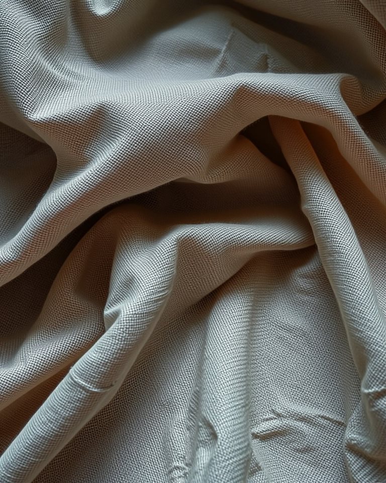 Photorealistic photo of A close-up view of soft natural linen fabric showing its fine woven texture and neutral color, high-angle view from above, moody dark tones, dramatic lighting, 4:5 aspect ratio