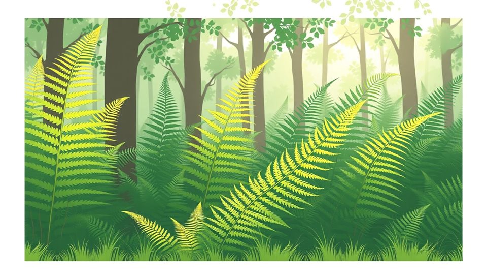 Minimal flat illustration of Lush green fern fronds unfurling in a serene forest, highlighted by soft morning sunlight., wide shot with open space at the top for text, soft pastel colors, bright and cozy, 16:9 aspect ratio