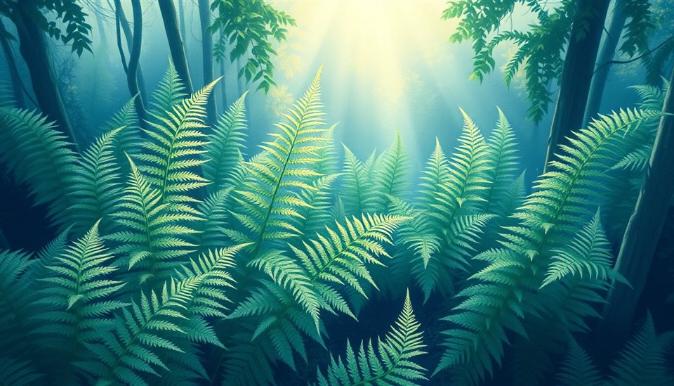 Watercolor illustration of Lush green fern fronds unfurling in a serene forest, highlighted by soft morning sunlight., high-angle view from above, cool blue tones, quiet atmosphere, 16:9 aspect ratio