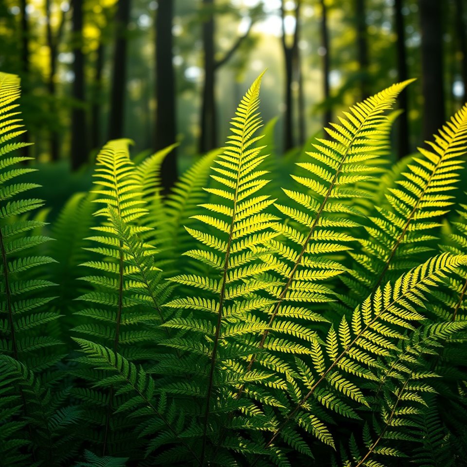 Photorealistic photo of Lush green fern fronds unfurling in a serene forest, highlighted by soft morning sunlight., centered subject with a simple uncluttered composition, warm golden light, calm mood, 1:1 aspect ratio