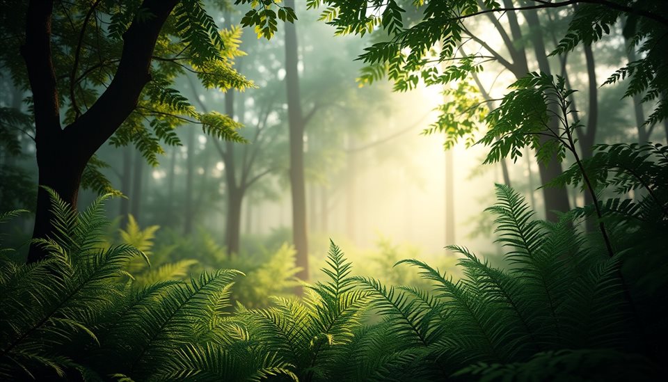 Soft 3D render of Lush green fern fronds unfurling in a serene forest, highlighted by soft morning sunlight., wide shot with open space at the top for text, misty morning haze, dreamy, 16:9 aspect ratio