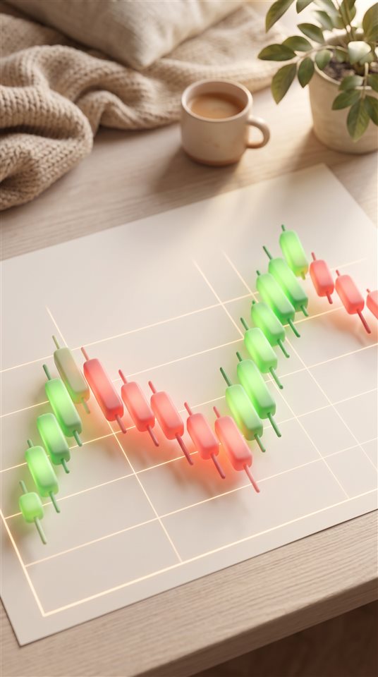 Renderizado 3D suave de un gráfico bursátil con velas rojas y verdes bajo iluminación dramática, vista en ángulo picado desde arriba, colores pastel suaves, brillante y acogedor, relación de aspecto 9:16