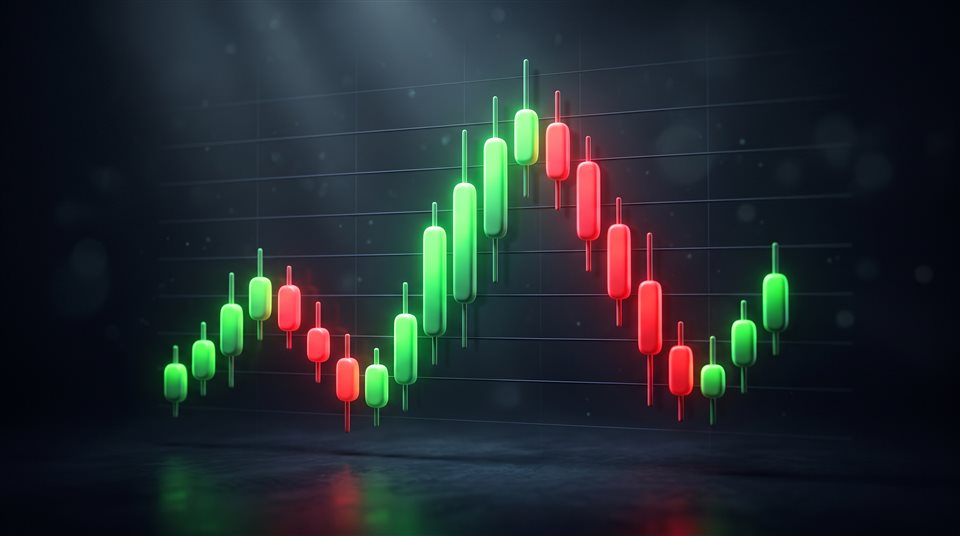 Renderizado 3D suave de un gráfico bursátil con velas rojas y verdes bajo iluminación dramática, sujeto centrado con una composición simple y despejada, colores vivos, alto contraste, energético, relación de aspecto 16:9