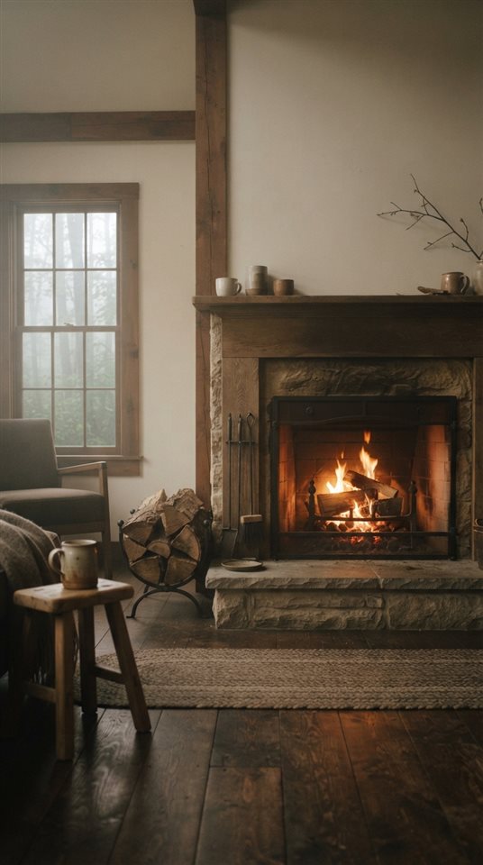 Fotograma de filme cinematográfico de uma lareira aconchegante em uma sala de estar, assunto centralizado com uma composição simples e limpa, névoa matinal suave, sonhador, proporção 9:16