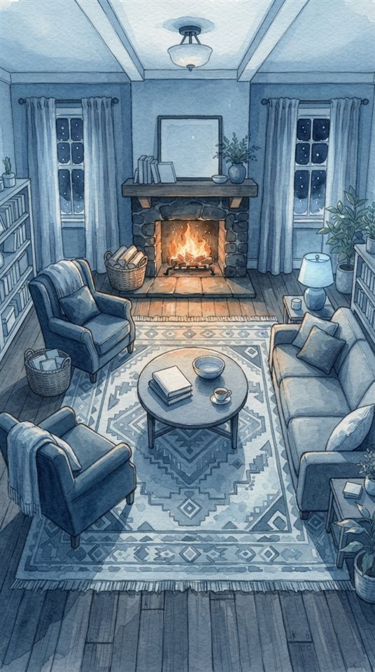 Watercolor illustration of a warm fireplace in a living room, high-angle view from above, cool blue tones, quiet atmosphere, 9:16 aspect ratio