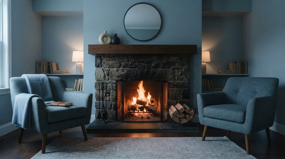 Photorealistic photo of a warm fireplace in a living room, centered subject with a simple uncluttered composition, cool blue tones, quiet atmosphere, 16:9 aspect ratio