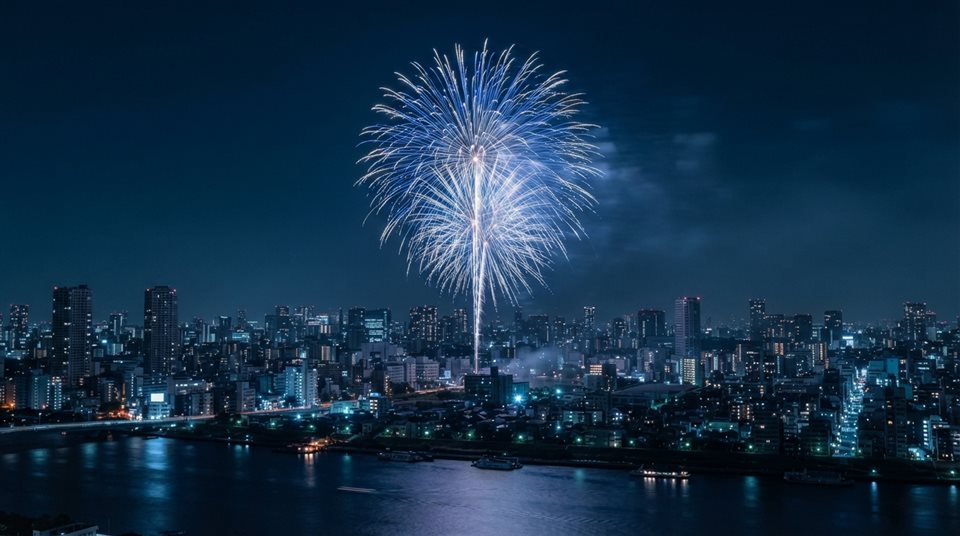 Photorealistic photo of fireworks over a city, centered subject with a simple uncluttered composition, cool blue tones, quiet atmosphere, 16:9 aspect ratio