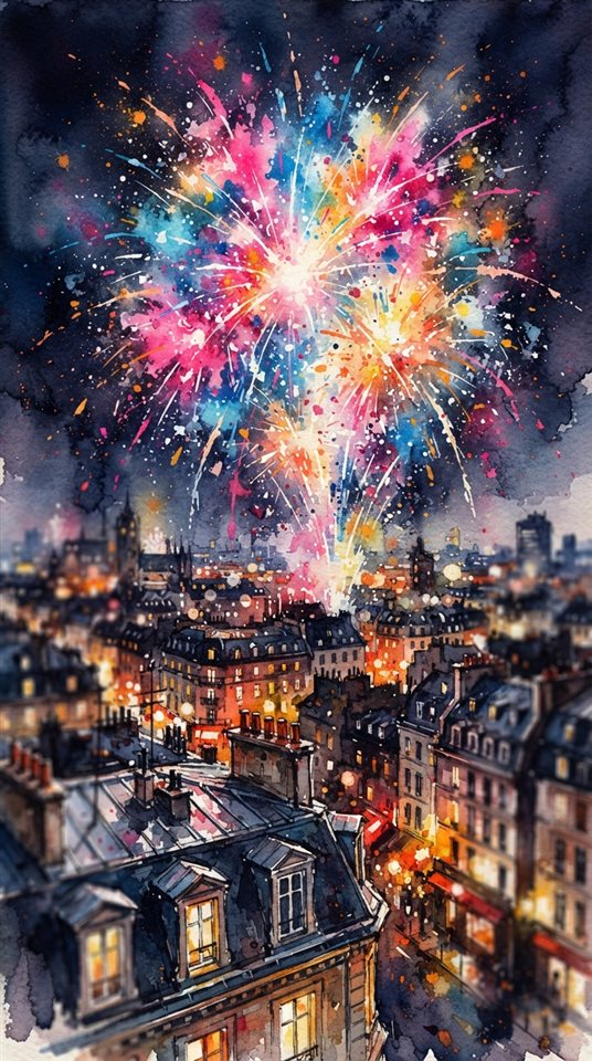 Watercolor illustration of fireworks over a city, close-up detail with shallow depth of field, vivid colors, high contrast, energetic, 9:16 aspect ratio
