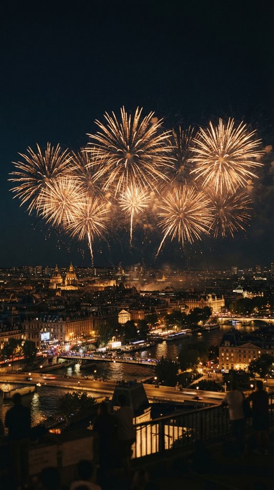Cinematic film still of fireworks over a city, wide shot with open space at the top for text, warm golden light, calm mood, 9:16 aspect ratio