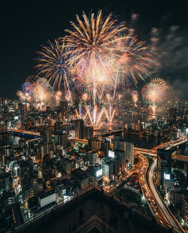 Cinematic film still of fireworks over a city, high-angle view from above, vivid colors, high contrast, energetic, 4:5 aspect ratio