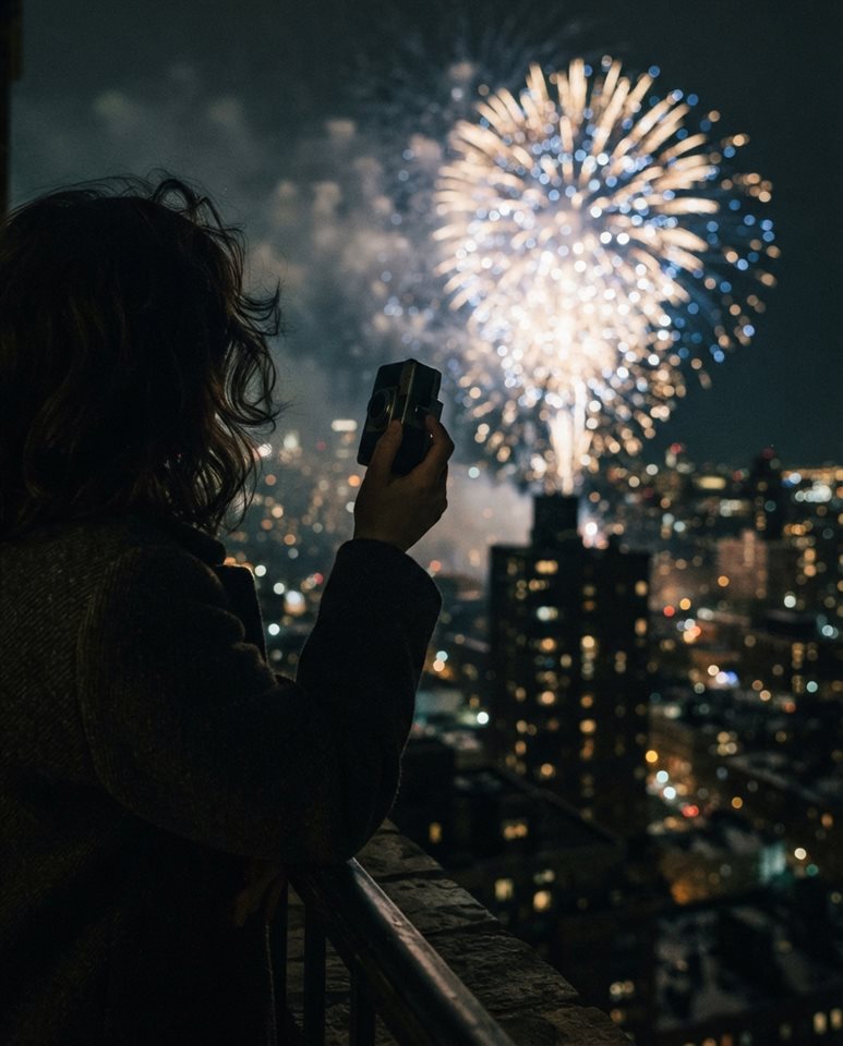Cinematic film still of fireworks over a city, close-up detail with shallow depth of field, moody dark tones, dramatic lighting, 4:5 aspect ratio