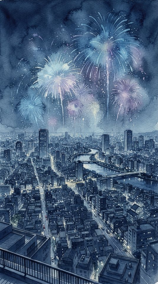 Watercolor illustration of fireworks over a city, high-angle view from above, cool blue tones, quiet atmosphere, 9:16 aspect ratio