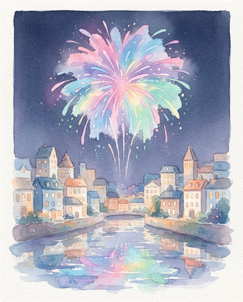 Watercolor illustration of fireworks over a city, centered subject with a simple uncluttered composition, soft pastel colors, bright and cozy, 4:5 aspect ratio