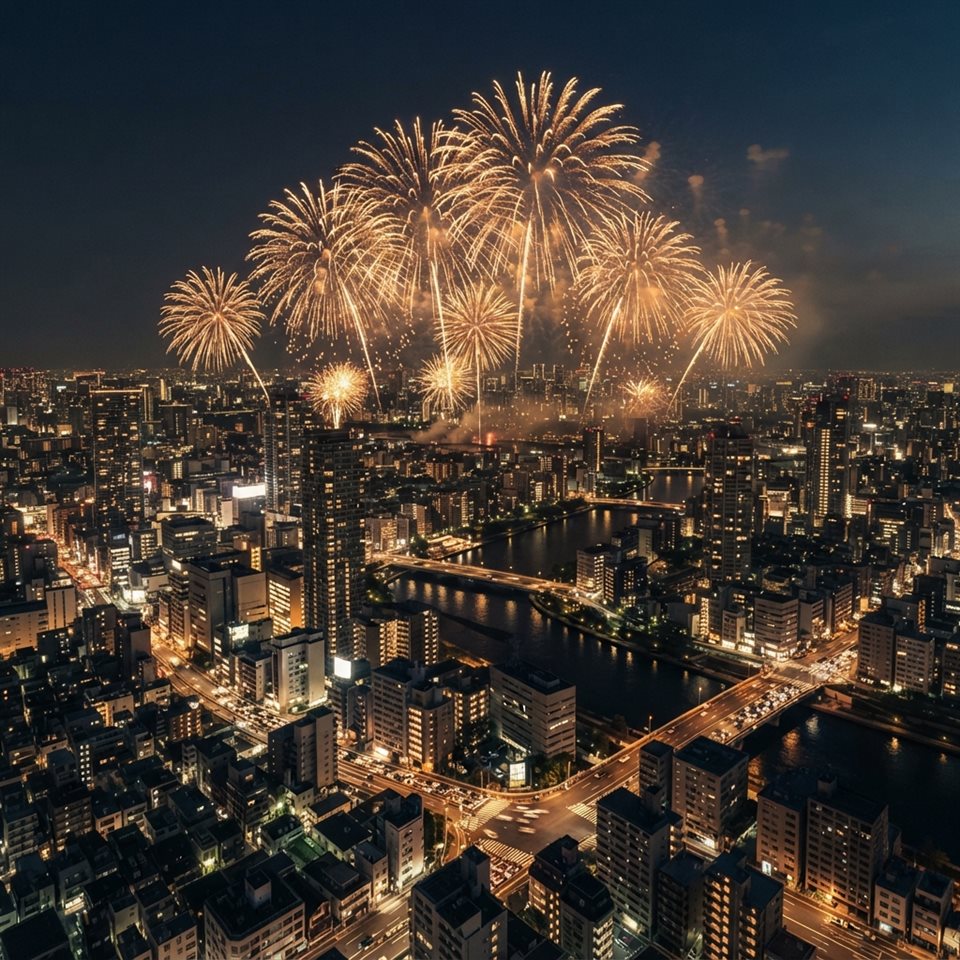 城市上空的煙火，寫實照片，高角度俯瞰視角，溫暖金黃光線，平靜氛圍，1:1比例
