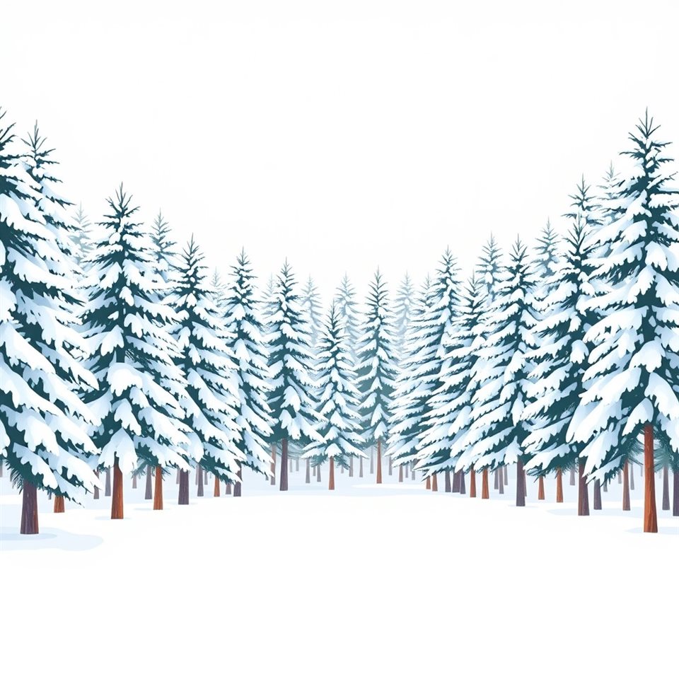 Minimal flat illustration of Soft white snow gently falling over a quiet, snow-dusted pine forest., wide shot with open space at the top for text, soft pastel colors, bright and cozy, 1:1 aspect ratio