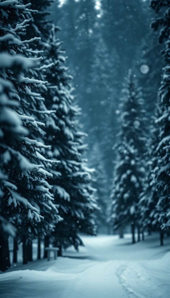Photorealistic photo of Soft white snow gently falling over a quiet, snow-dusted pine forest., close-up detail with shallow depth of field, moody dark tones, dramatic lighting, 9:16 aspect ratio