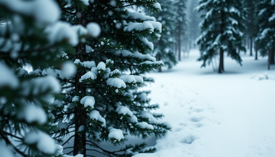 Cinematic film still of Soft white snow gently falling over a quiet, snow-dusted pine forest., close-up detail with shallow depth of field, vivid colors, high contrast, energetic, 16:9 aspect ratio