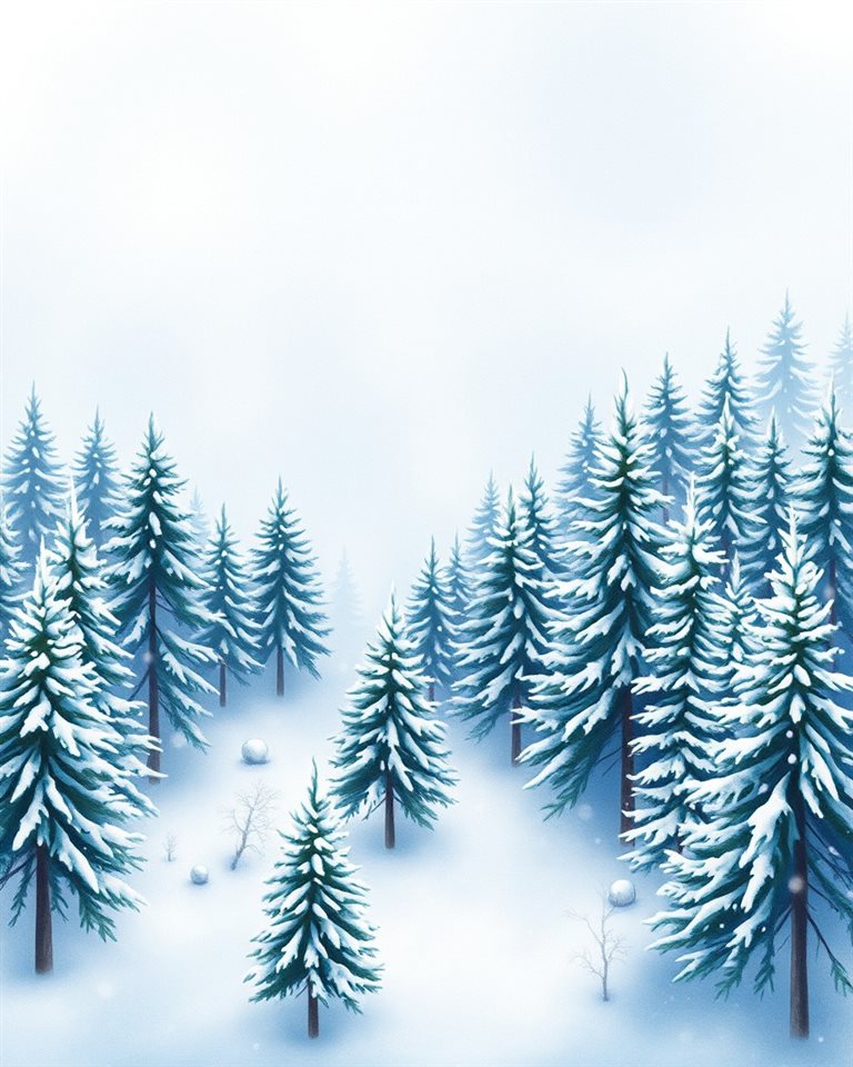 Watercolor illustration of Soft white snow gently falling over a quiet, snow-dusted pine forest., high-angle view from above, cool blue tones, quiet atmosphere, 4:5 aspect ratio