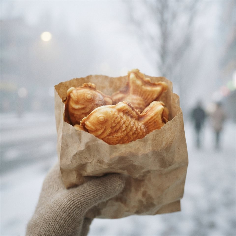 Soft 3D render of fish shaped pastries bungeoppang in a paper bag in winter, close-up detail with shallow depth of field, misty morning haze, dreamy, 1:1 aspect ratio
