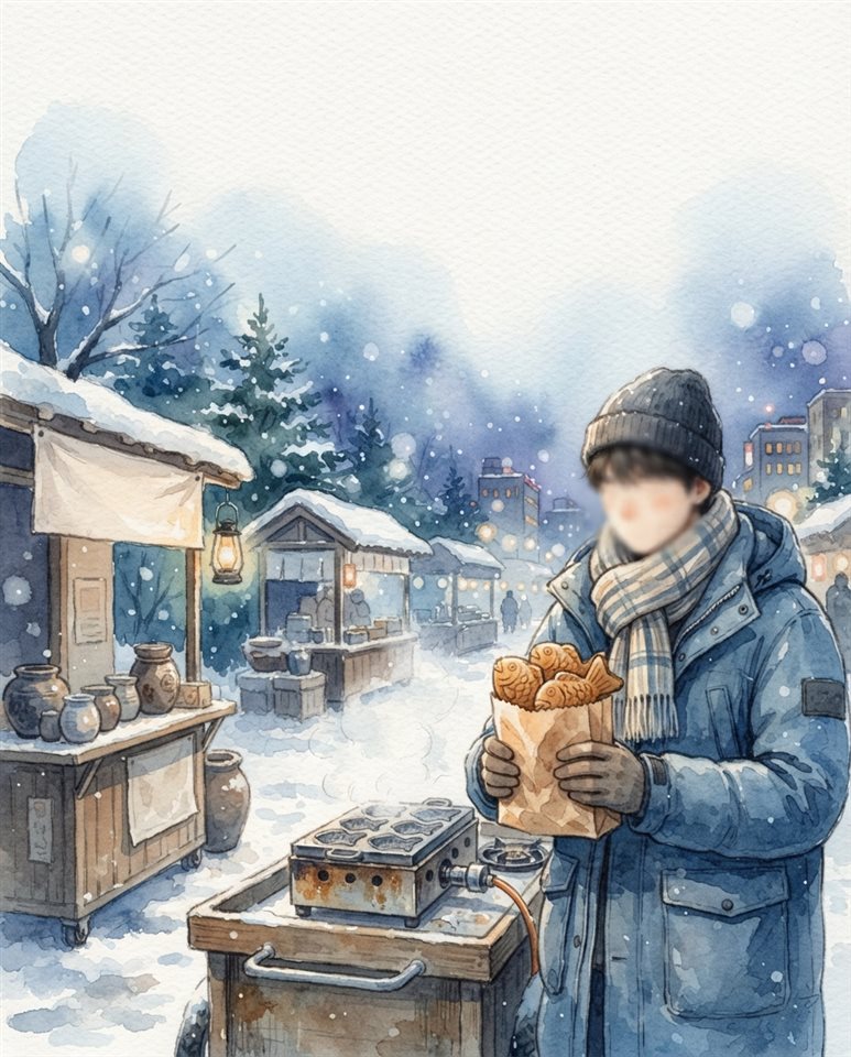 Watercolor illustration of fish shaped pastries bungeoppang in a paper bag in winter, wide shot with open space at the top for text, cool blue tones, quiet atmosphere, 4:5 aspect ratio