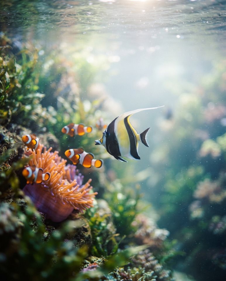 Cinematic film still of tropical fish in clear water, close-up detail with shallow depth of field, misty morning haze, dreamy, 4:5 aspect ratio
