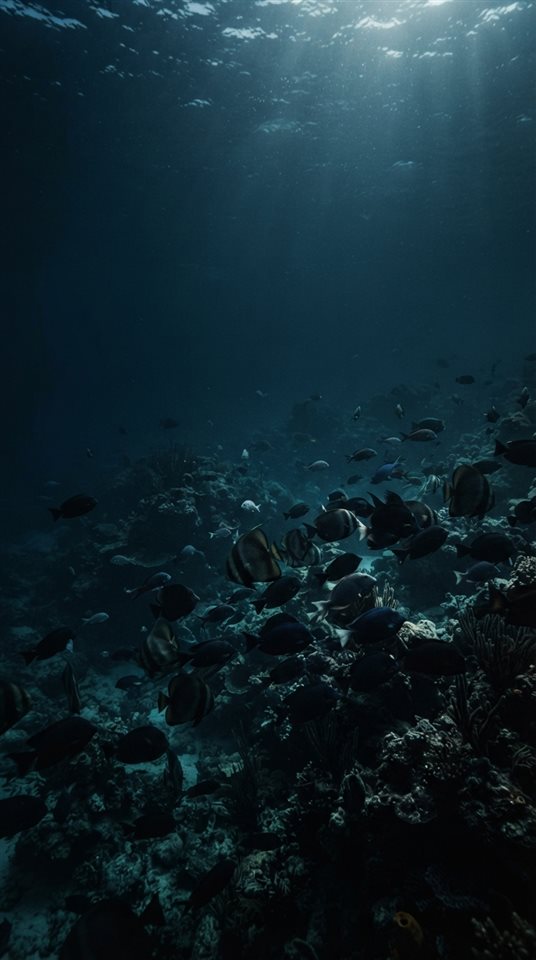 Cinematic film still of tropical fish in clear water, wide shot with open space at the top for text, moody dark tones, dramatic lighting, 9:16 aspect ratio