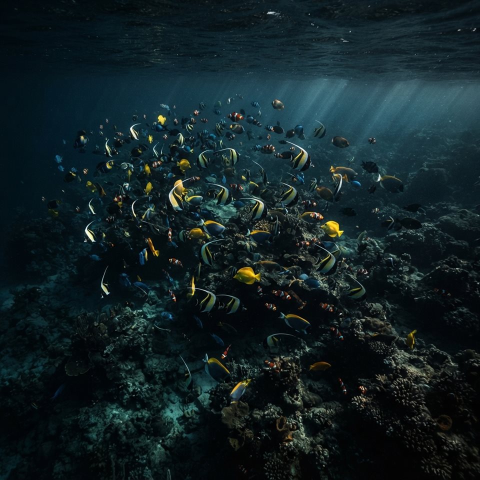 Photorealistic photo of tropical fish in clear water, high-angle view from above, moody dark tones, dramatic lighting, 1:1 aspect ratio