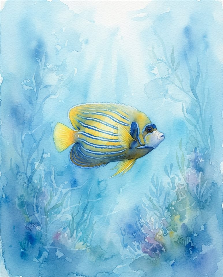 Watercolor illustration of tropical fish in clear water, centered subject with a simple uncluttered composition, cool blue tones, quiet atmosphere, 4:5 aspect ratio