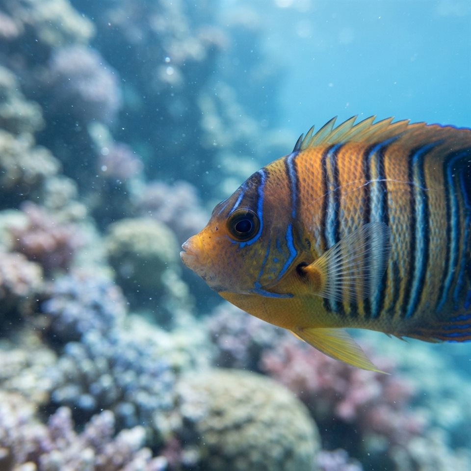 Photorealistic photo of tropical fish in clear water, close-up detail with shallow depth of field, cool blue tones, quiet atmosphere, 1:1 aspect ratio