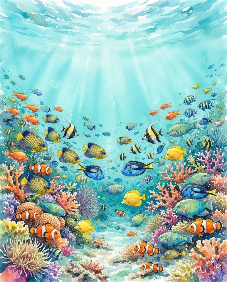 Watercolor illustration of tropical fish in clear water, wide shot with open space at the top for text, vivid colors, high contrast, energetic, 4:5 aspect ratio
