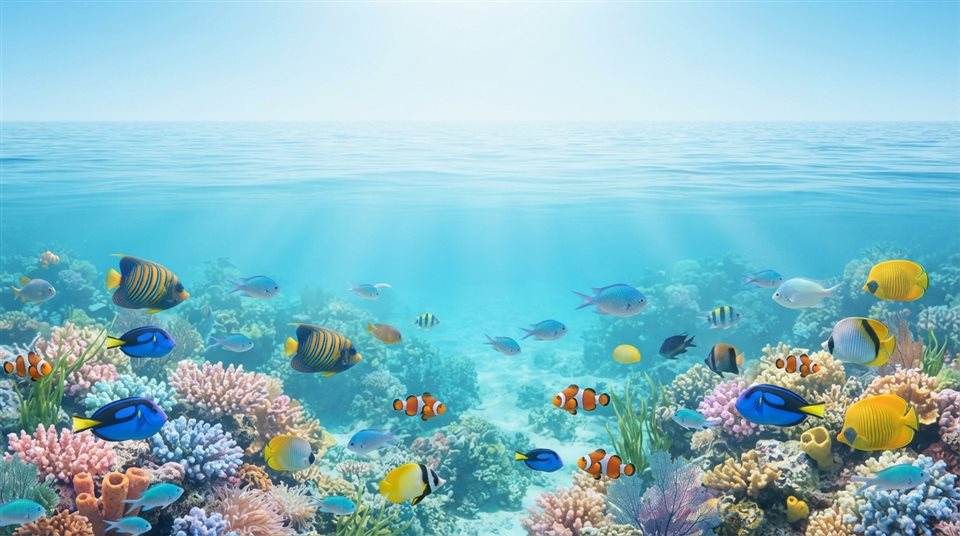 Photorealistic photo of tropical fish in clear water, wide shot with open space at the top for text, soft pastel colors, bright and cozy, 16:9 aspect ratio