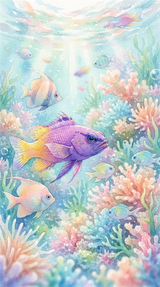 Watercolor illustration of tropical fish in clear water, close-up detail with shallow depth of field, soft pastel colors, bright and cozy, 9:16 aspect ratio
