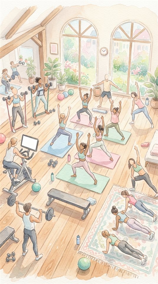 Watercolor illustration of fitness workout, high-angle view from above, soft pastel colors, bright and cozy, 9:16 aspect ratio