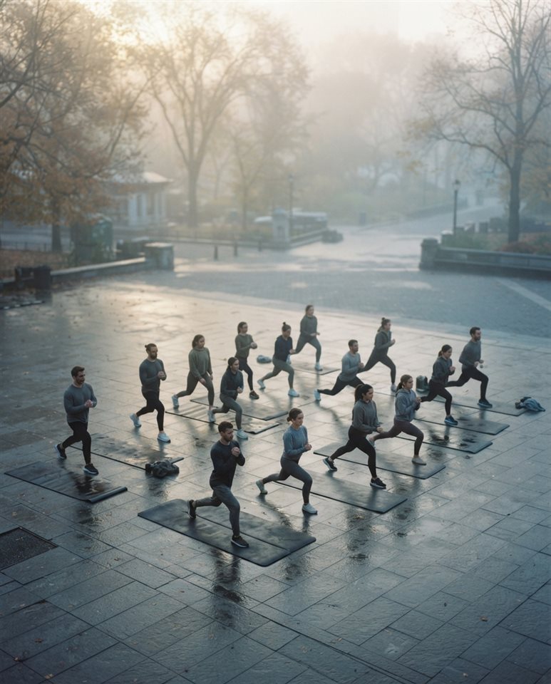Cinematic film still of fitness workout, high-angle view from above, misty morning haze, dreamy, 4:5 aspect ratio