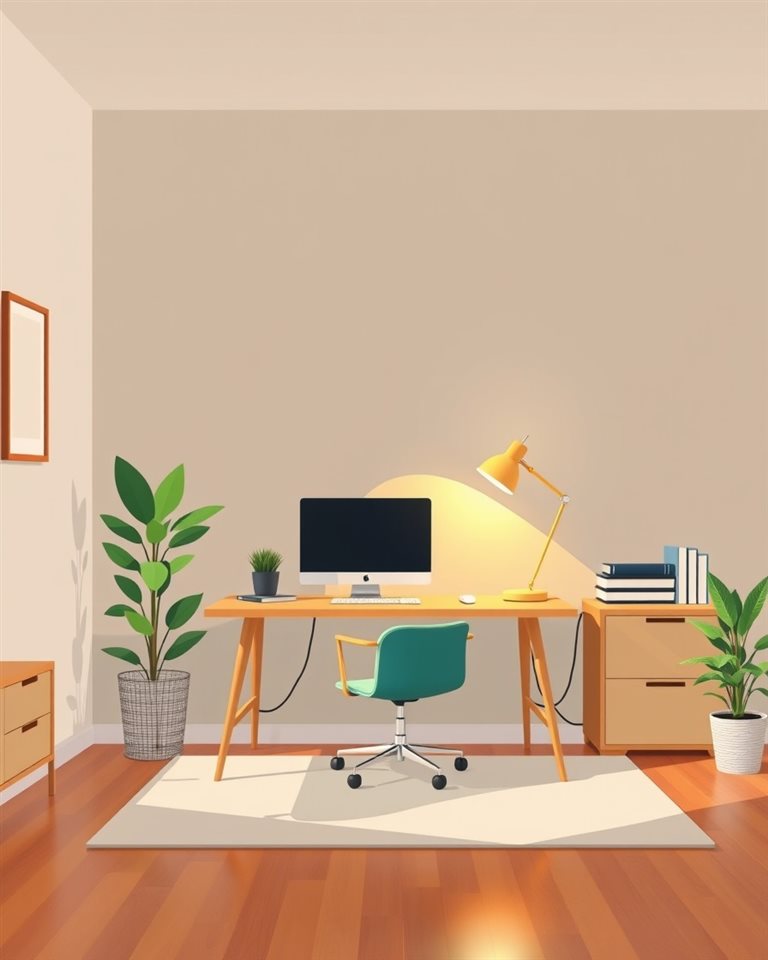 Cinematic film still of A minimalist flat vector design of a cozy home office setup with a desk, plant, and lamp., wide shot with open space at the top for text, vivid colors, high contrast, energetic, 4:5 aspect ratio