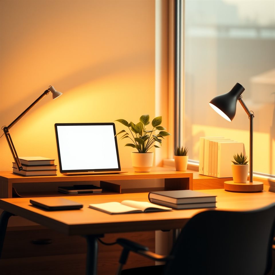 Photorealistic photo of A minimalist flat vector design of a cozy home office setup with a desk, plant, and lamp., close-up detail with shallow depth of field, warm golden light, calm mood, 1:1 aspect ratio