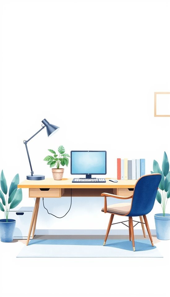 Watercolor illustration of A minimalist flat vector design of a cozy home office setup with a desk, plant, and lamp., centered subject with a simple uncluttered composition, cool blue tones, quiet atmosphere, 9:16 aspect ratio