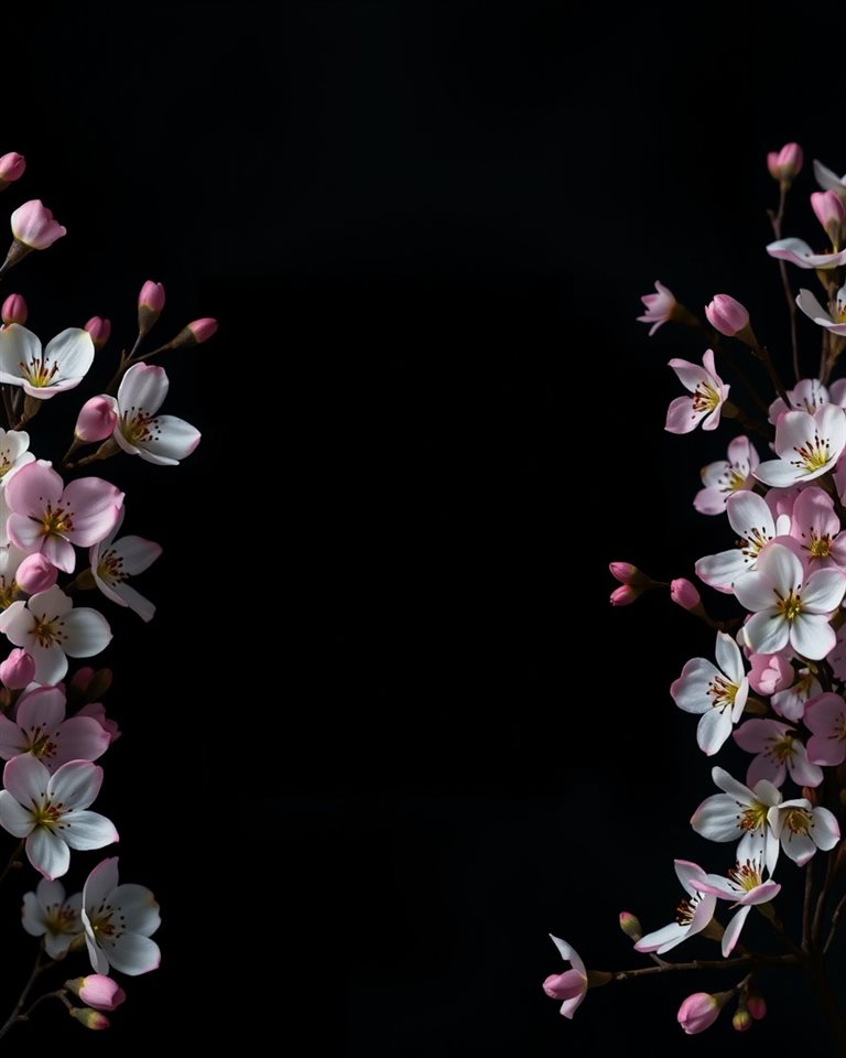 Photorealistic photo of An elegant rectangular botanical border made of delicate pink and white spring blossoms with negative space in the center., close-up detail with shallow depth of field, moody dark tones, dramatic lighting, 4:5 aspect ratio