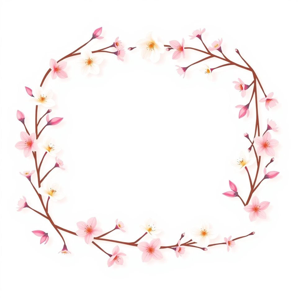 Minimal flat illustration of An elegant rectangular botanical border made of delicate pink and white spring blossoms with negative space in the center., centered subject with a simple uncluttered composition, soft pastel colors, bright and cozy, 1:1 aspect ratio