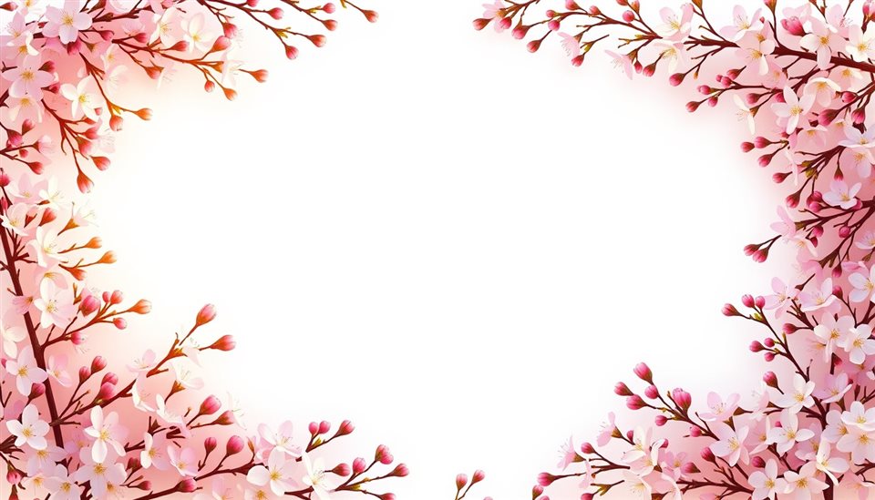 Photorealistic photo of An elegant rectangular botanical border made of delicate pink and white spring blossoms with negative space in the center., wide shot with open space at the top for text, warm golden light, calm mood, 16:9 aspect ratio
