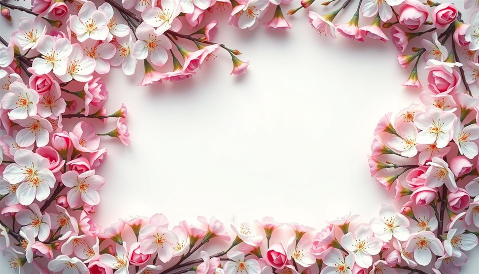 Cinematic film still of An elegant rectangular botanical border made of delicate pink and white spring blossoms with negative space in the center., high-angle view from above, vivid colors, high contrast, energetic, 16:9 aspect ratio