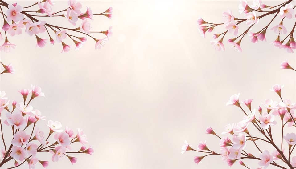 중앙에 여백이 있고 섬세한 분홍빛과 흰색 봄꽃으로 만들어진 우아한 식물 프레임, 부드러운 3D 렌더링, 위쪽에 글자 넣을 여백이 있는 넓은 구도, 아침 안개, 몽환적인 분위기, 16:9 비율