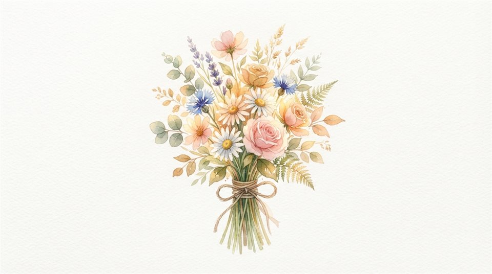 Watercolor illustration on a plain white background of a bouquet of flowers, simple icon-like composition, warm golden light, calm mood, 16:9 aspect ratio