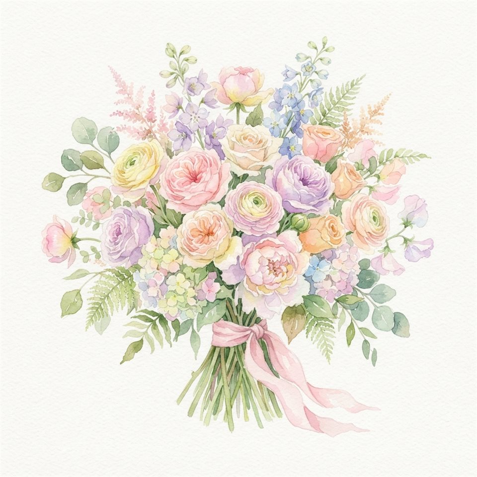 Watercolor illustration on a plain white background of a bouquet of flowers, isolated single subject, centered, soft pastel colors, bright and cozy, 1:1 aspect ratio