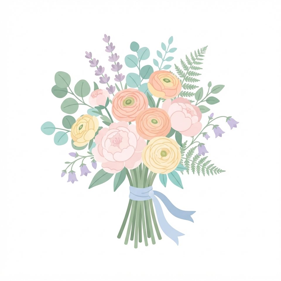 Flat vector illustration on a plain white background of a bouquet of flowers, small set of several items arranged neatly, soft pastel colors, bright and cozy, 1:1 aspect ratio